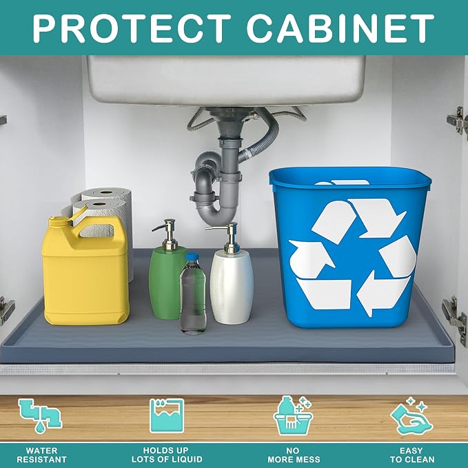URMONA Waterproof Silicone Under Sink Mat 37'' x 22'' Shelf Liner for Kitchen and Bathroom, Cabinet and Counter Protector, Storage and Organizers, Litter Mat, Pet Cat Puppy Essentials(Dark Grey)