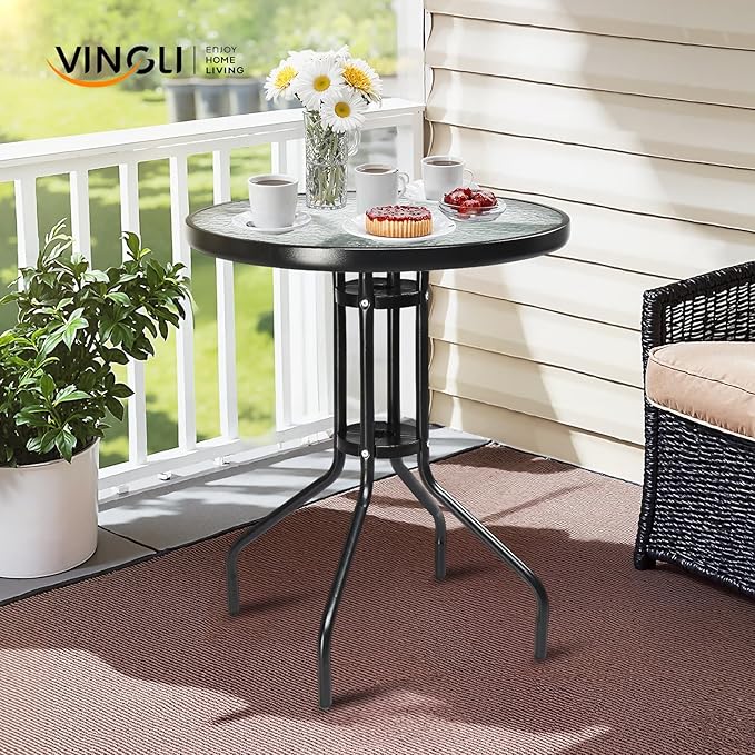 VINGLI Outdoor Bistro Table, 24" Patio Table Steel Frame Tempered Glass Top, Dining Tables for Balcony Garden Poolside (24‘’ Round)