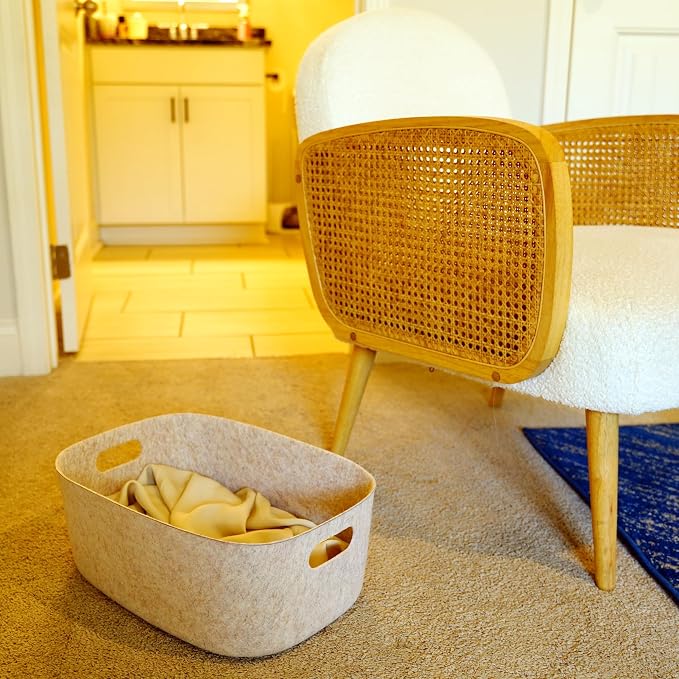 Welaxy Nordic Felt Storage Bin with Handles Beige Oatmeal Shelf Basket | Sustainable material soft yet sturdy,multi-purpose storage, sleek minimalist lifestyle