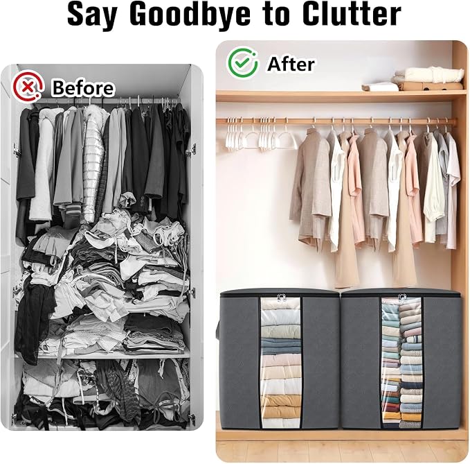 6 Pack Clothes Storage Bags 80L Blanket Storage Containers with Window Grey