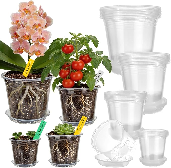 Clear Nursery Pots with Saucers 24 Pack, 4/5/6/7 Inch Plastic Plant Pots, for Indoor Outdoor Succulents Orchids Seedlings, Flower Containers with Drainage Holes and Tray, Small Garden Planters