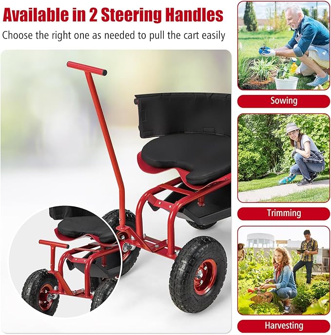 Goplus Rolling Garden Seat with Wheels, Outdoor Garden Cart with 360° Swivel Seat & Tool Storage, 2 Steering Handles, Gardening Stool Wagon Scooter, Lawn, Patio Gardening Workseat for Seniors