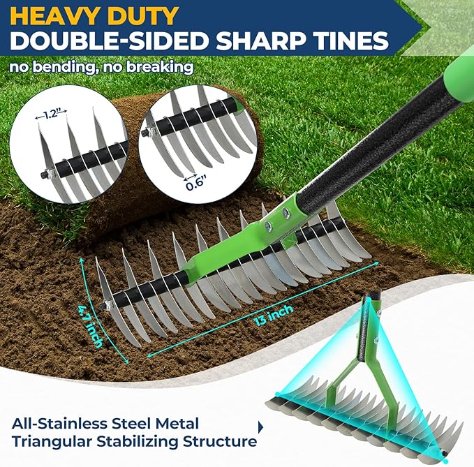 65" Thatch Rake & Garden Rake– 13" Narrow Dual-Sided Sharp Steel Tines, Adjustable Handle, Lightweight & Reversible Head for Precision Lawn Care, Debris Removal and Soil Leveling