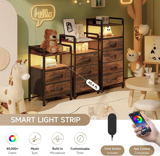 Lazzanto Nightstand with Rear Charging Station, LED Light, 2 Drawers, Brown
