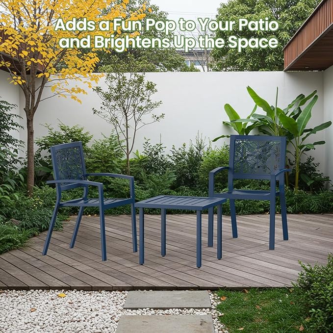 BUPPLEE 3 Piece Patio Bistro Set, Outdoor Steel Furniture Set, Stackable Modern Conversation Sets for Balcony Garden Deck Patio w/2 Chairs 1 Table, Peacock Blue