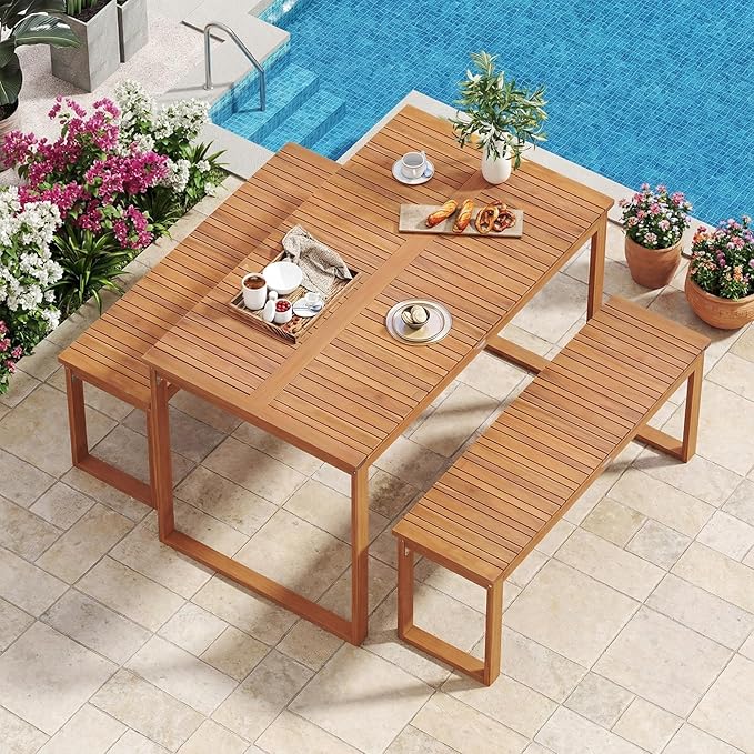 Tangkula Acacia Wood Outdoor Bench Backless Set of 2, 2-Person Wood Patio Bench with Slatted Seat, Outdoor Backless Dining Bench for Backyard, Poolside, Porch (43.5")