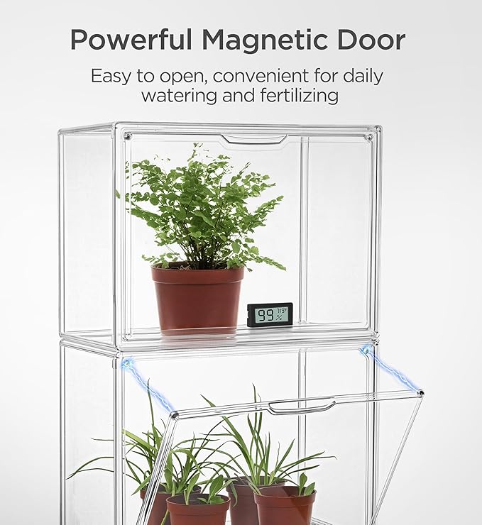 HBlife Mini Greenhouse for Indoor, Clear Stackable Green House with Magnetic Waterproof Door for Small Plants Nursery Germination, Tabletop Portable Greenhouse, 14.1x8.6x10.6 Inch (1 Pack)