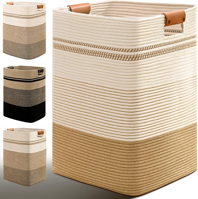Laundry Hamper, 105L Tall Laundry Basket with Leather Handles, Rectangle Large Clothes Hamper for Organizing, Cotton Woven Laundry Baskets Storage Hampers for Bedroom, Nursery, Living Room