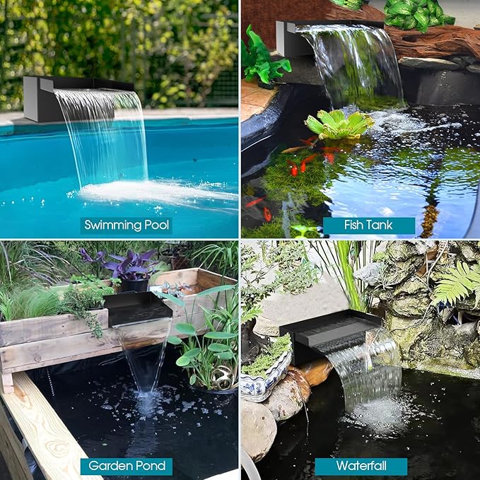 POPOSOAP Pond Waterfall with Pump Kit, 304 Stainless Steel Waterfall Spillway with 40W 660GPH Pump, Pond Spillway with 9.8FT Corrugated Tubing for Garden (12inch)-P43