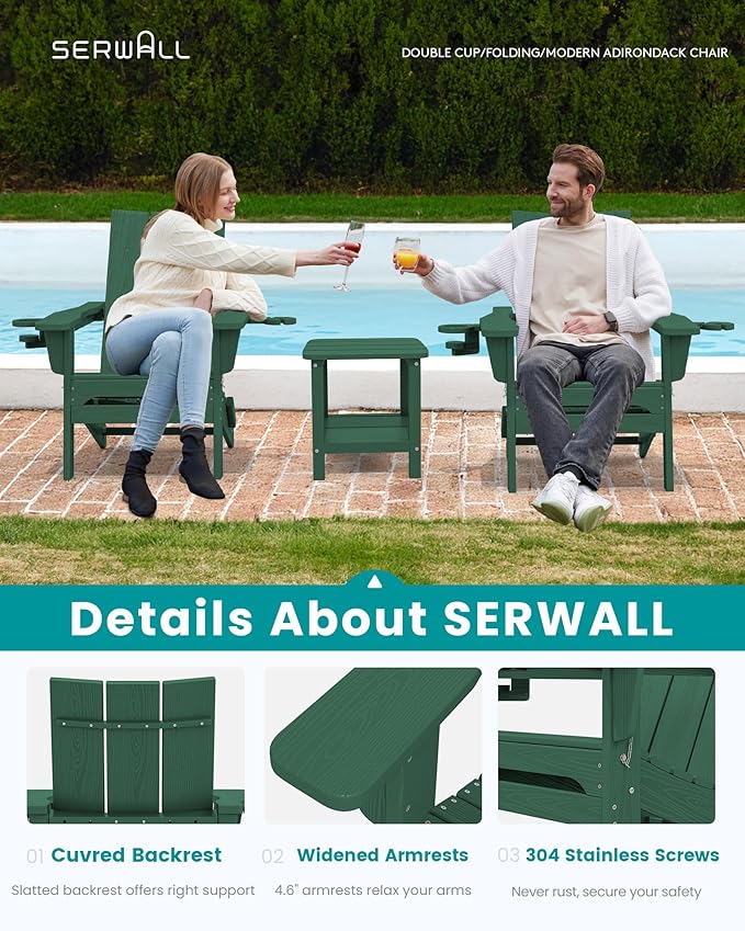 SERWALL Modern Adirondack Chair, Folding Adirondack Chair with Dual Cup Holders, Outdoor HDPE Fire Pit Chair for All Weather Use, Green