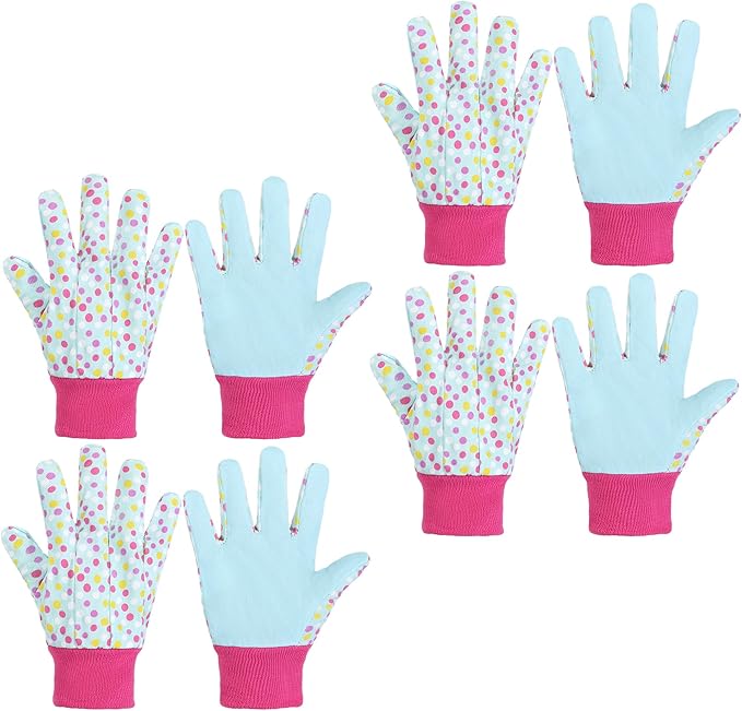 HANDLANDY 4 Pairs Kids Gardening Gloves, Girls Boys Children Garden Work Play Gloves (Pink Dot, Small)