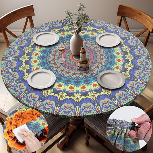 Fitted Waterproof Round Tablecloth Small Mandala Patio Table Cloths for 36-44" Tables Camper Travel Vacation Accessories Outdoor Road Trip Must Haves New Home Living Room House Decorations