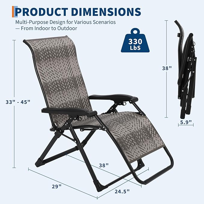 CuisinSmart 1 Pack Foldable Rattan Lounge Chairs, Patio Recliner Chair with Widened Armrest & Heavy Duty Wicker, Portable Patio Lounge Chair for Indoor, Poolside, Balcony, Backyard, Garden