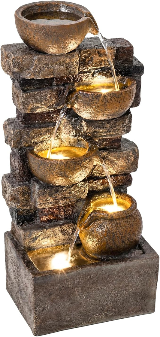 Outsunny 28" Outdoor Fountain with 5-Tier Rustic Jugs and Rock, Cascading Waterfall with LED Lights, Adjustable Flow, Resin Freestanding Garden Fountain for Garden Patio, Rustic Brown