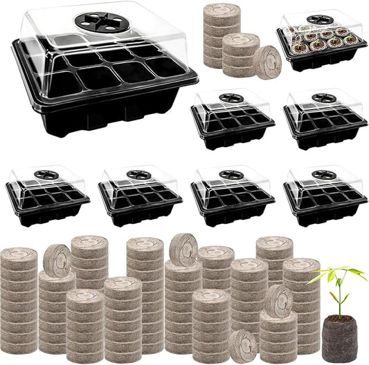 Halatool 8 Pack Seed Starter Tray with 100 PCS Peat Pellets, 96 Cells Black Seeding Starter Trays for Organic Seed Starter Soil Pods for Planting Vegetables Plants Flowers - Starting Seeds Kit