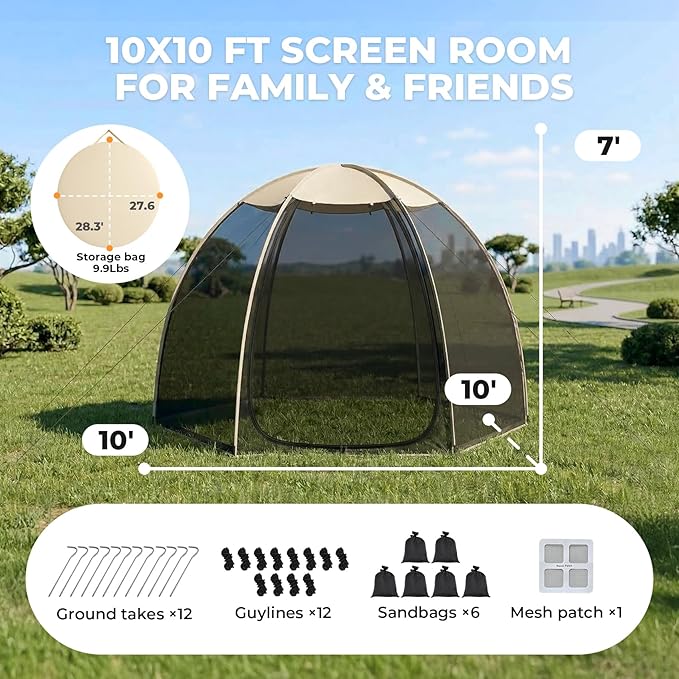 Alvantor® Pop Up Screen House Tent, Snap-fit Mesh Screen Gazebo with Peaked Roof, Portable Screen Room Canopy Shelter with Sandbags for Camping, Backyard, Picnic