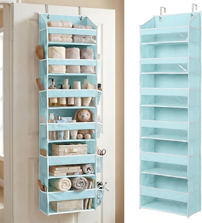 HOMELUX THEORY Over the Door Organizer, 6-Tier, 100D Fabric, Baby Blue 1pc | Over the door shoe organizer, 50 lbs capacity, 12 side mesh pockets, 100D extra thick fabric, Closet & entryway storage