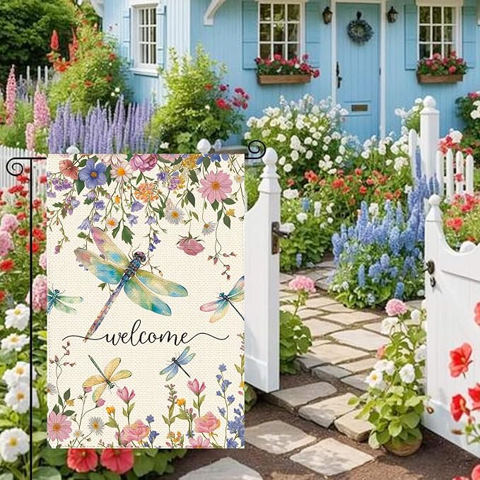 Spring Summer Dragonflies Wildflowers Welcome Garden Flag 12 x 18 Inch Double Sided, Watercolor Floral Burlap Small Yard Flag Holiday Farmhouse Flags for Patio Outdoor Outside Decoration
