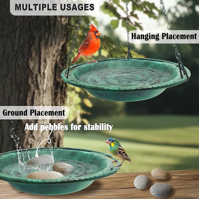 Hanging Bird Bath & Feeder Bowl, 12 in Outdoor Bird Bath with Chains, Backyard Garden Decor, Durable Weather-Resistant PP, Antique Green – 1 Pack