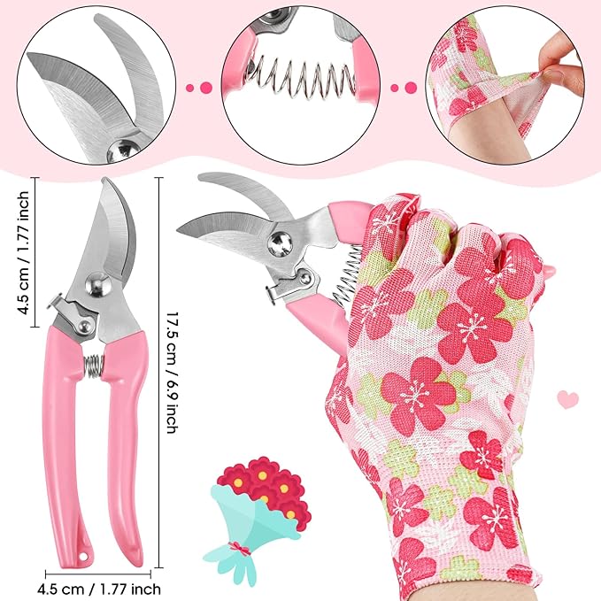 14 Pcs Mother's Day Rose Stripper Thorn Remover Tool Garden Pruning Shears Scissors Kit Leaf Stripping Tool Floral Gloves and Floral Tape Flower Stripper Kit Gift for Wedding Outdoor Gardening(Pink)
