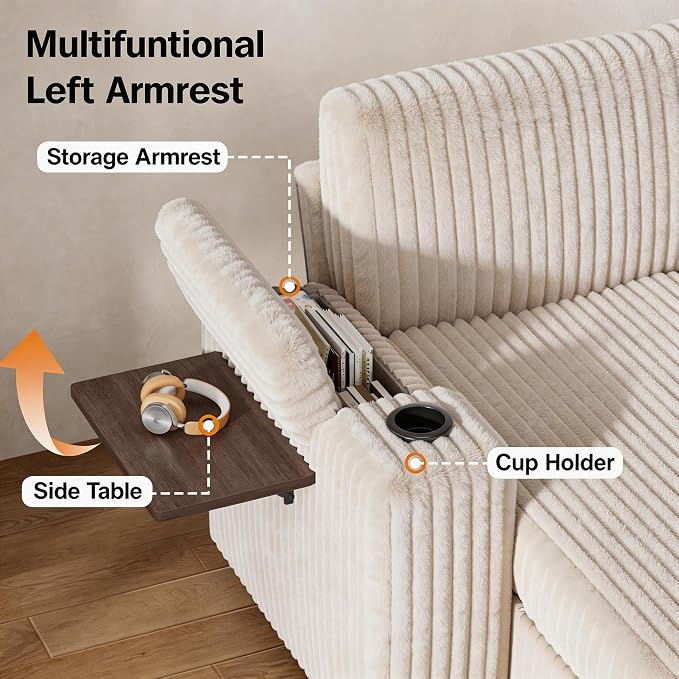 Vipbear 86" Modular Sectional Sleeper Sofa with Pull Out Bed, 3 Seat Plush Corduroy L Shaped Couch with Storage Chaise|USB Ports|Cup Holders|Side Table|Storage Armrests, Tool Free Assembly, Beige