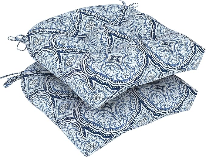 DYTXIII Set of 2 Outdoor Chair Cushions 19"x19"x4", Water Repellent Tufted Patio Seat Cushions with Ties, Thick Replacement Pads for Wicker Dining Chairs, Patio Furniture, Medallion Blue