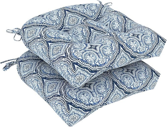 DYTXIII Set of 2 Outdoor Chair Cushions 19"x19"x4", Water Repellent Tufted Patio Seat Cushions with Ties, Thick Replacement Pads for Wicker Dining Chairs, Patio Furniture, Medallion Blue