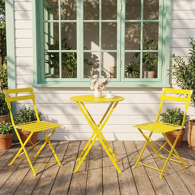 3-Piece Folding Bistro Set, 2 Chairs and 1 Coffee Table, Space Saving Weather-Resistant Frame, Portable Indoor/Outdoor Patio Furniture Conversation Set for Garden Porch Balcony Deck - Yellow