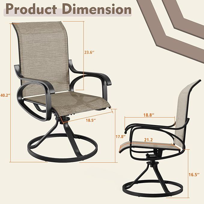 Patio Swivel Chairs Set of 6, All Weather Outdoor Rocking Chair with Textilene Breathable Back, Metal Frame, Patio Dining Chair for Backyard, Garde, Porch and Deck (6, Dark Brown)