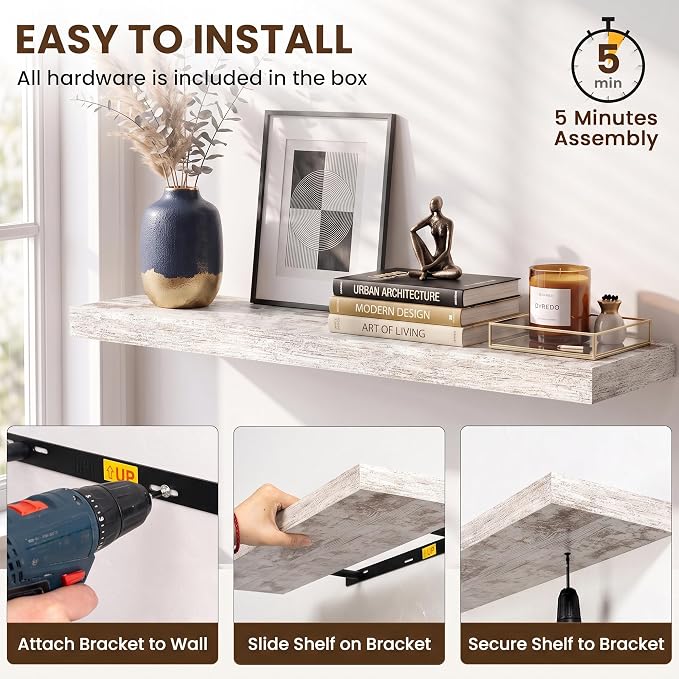 30x8in Floating Shelves 2 Pack, Wall Mount Display Shelf, White Washed | Invisible Brackets, 30lb Sturdy MDF, 30in Long, Easy Install, For Bedroom, Bathroom, Living Room, Kitchen & Office