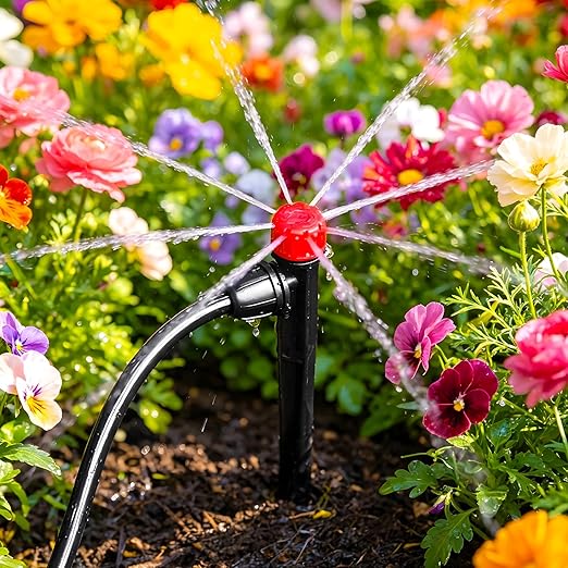 50 Pieces Drip Irrigation Emitters, Adjustable 360 Degree Drip Stream Emitters on 5" with Stake for 1/4" Drip Irrigation Tubing Irrigation 8 Hole Stream Drippers for Garden Watering System