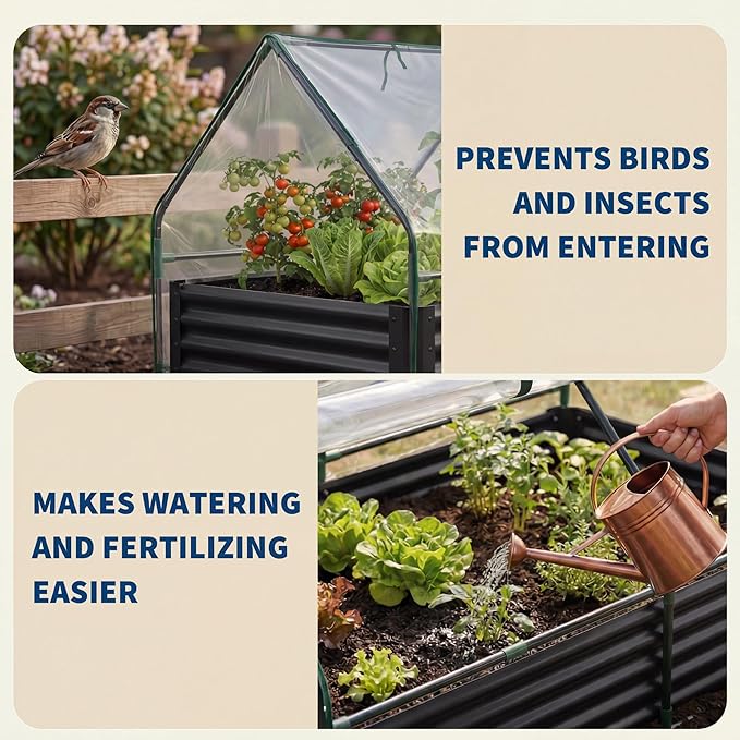 Raised Garden Bed with Cover, 8x4x1 Ft Raised Garden Beds Outdoor Galvanized Metal Planter Box with 2 Screen Windows, Mini Greenhouse for Vegetables and Flowers