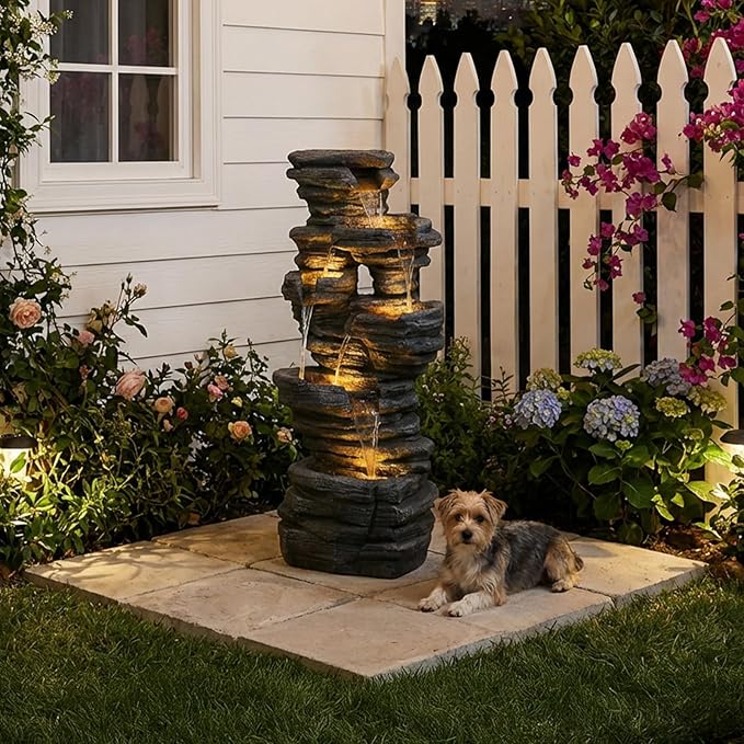 Bumilgar 42.5" H Garden Outdoor Water Fountain with LED Lights & Pump, Mutiply-Tier Cascading Outdoor Fountain Suitable for Garden/Patio/Yard/Deck/Balcony and Home Art Decor（Resin）