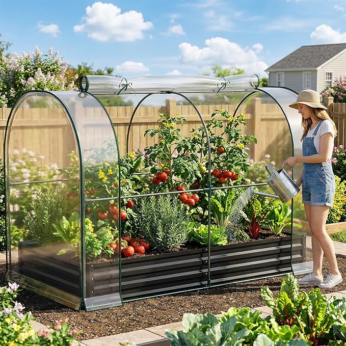 SUNYRISY Galvanized Raised Garden Bed with Greenhouse, Outdoor Metal Planter Box with Plant Bed Cover, Garden Box Protection for Gardening Vegetables Flowers Herbs Planting, Black