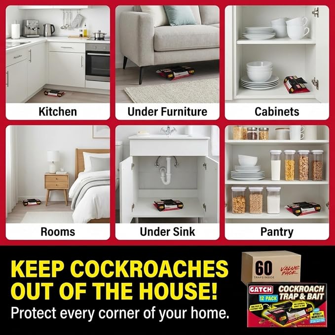 GATCH Roach Traps Indoor (60 Pack), Sticky Baited Cockroach Traps, Roach Killer Indoor Infestation, Adhesvie Glue Traps for Roaches, Insects, Home Bug Ant Spider Cricket, Child & Pet Friendly