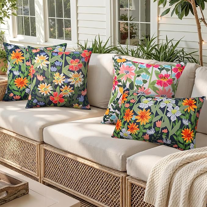Pyonic Spring Summer Floral Outdoor Pillow Covers 20x20 inch Waterproof Throw Pillow Covers Outdoor Pillows for Patio Furniture Garden Bench Porch,Navy Blue