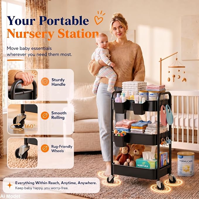 3 Tier Rolling Cart Metal with Wheels,Black Three Tiered Art Cart Organizer