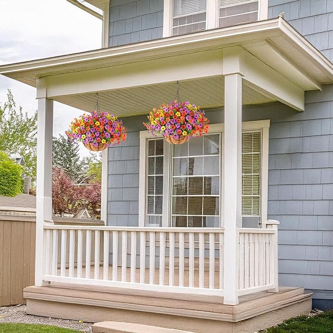 ZFProcess Artificial Faux Hanging Plants Flowers Basket for Spring Summer Outdoor Decoration, Fake Silk Daisy in Planter Realistic UV Resistant Look Real for Porch Home Patio Balcony Yard(Multicolor)