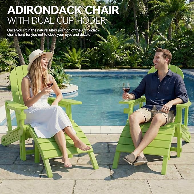 Vongrasig Adirondack Chairs Set of 2 with Removable Tabletop and Footrest, HDPE Plastic Outdoor Chair Set with Wooden Textured, Cup Holder for Patio, Poolside, Garden, Green, 5 Pieces