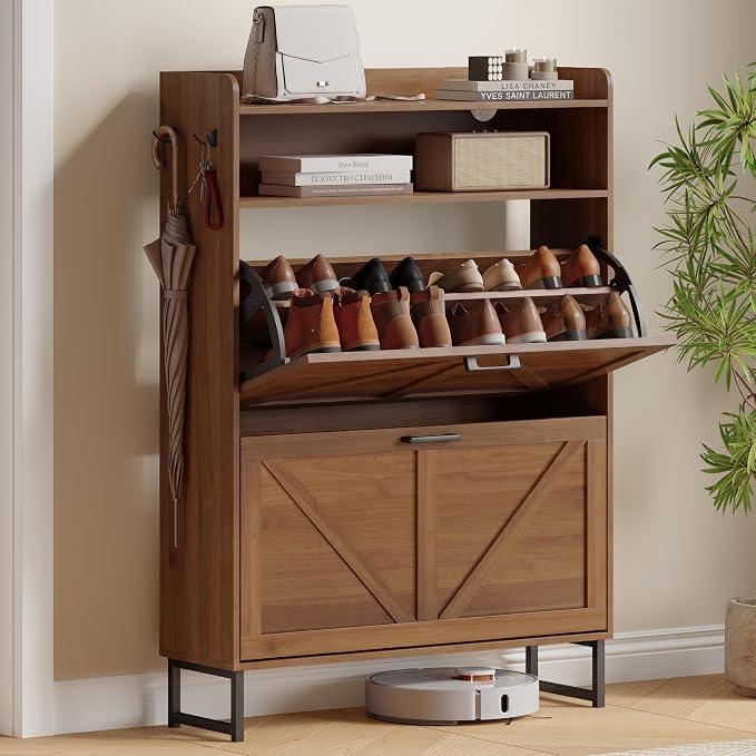 Xixini Shoe Storage Cabinet with 2 Flip Drawers, Entryway Shoe Rack, Walnut