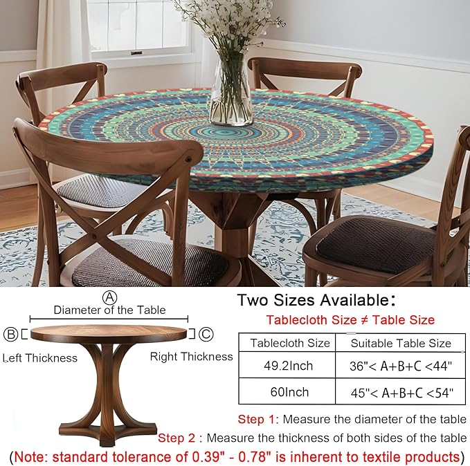 Boho Vinyl Round Tablecloth Waterproof Fitted Table Cloth Summer Fall Outdoor Circle Cover for 36-44" Tables Kitchen Dining Apartment Essentials Picnic Camping Party Decor Housewarming Gifts