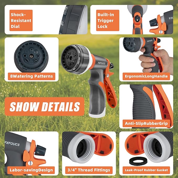 Garden Hose Nozzle Sprayer– this high heavy-duty spray nozzle offer 8 watering patterns for watering plants, lawns & gardens, washing cars, household (Grey Orange)