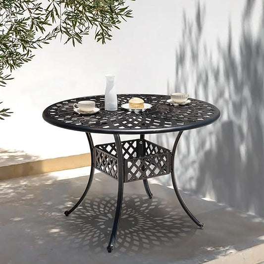 NUU GARDEN 42 Inch Outdoor Round Dining Table Cast Aluminum Tabletop with 2.24 Inch Umbrella Hole Patio Garden Backyard Balcony, Black with Gold-Painted Edges