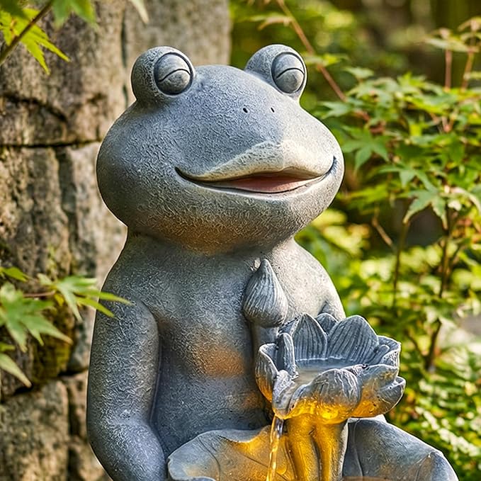 19-Inch Outdoor Water Fountain, Lively Frog Hold a Lotus Resin Waterfall Fountain with Warm LED Light, Frog Statue Water Feature for Garden, Patio, Porch, Backyard, Deck, Lawn, Balcony in Gray