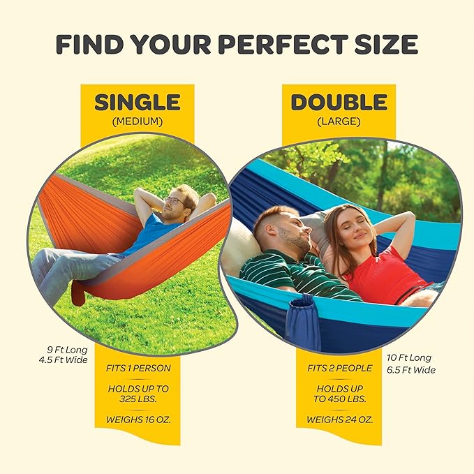 Durable Hammock 400 lb Capacity, Nylon Camping Hammock Chair - Double or Single Sizes w/Tree Straps and Attached Carry Bag - for Travel/Backpacking/Beach/Backyard (Medium, Black & Light Grey)