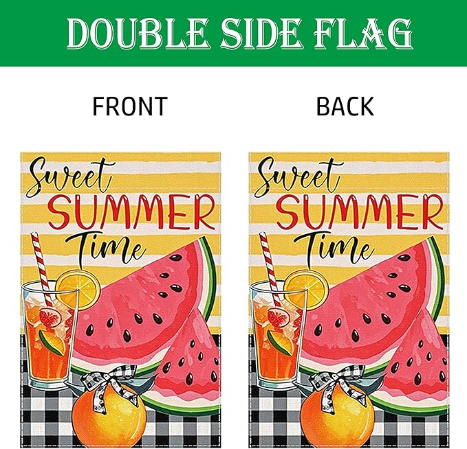 Sweet Summer Time Garden Flag Watermelon Buffalo Plaid 28 X 40 Inch Welcome Small Flags for Outside, Fruit Double Sided Burlap Juice Lemon Holiday Seasonal Banner Farmhouse Outdoor Yard Decoration
