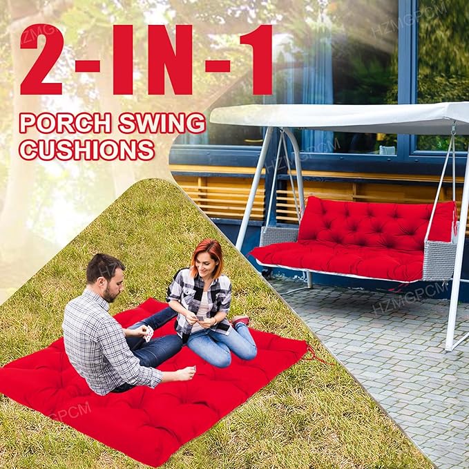 Extra Thick 5" Waterproof Porch Swing Cushions Outdoor 60 inch Swing Cushions 3 Seater Replacement with Backrest and Ties for Outdoor Furniture Patio Bench Garden (Bright red)