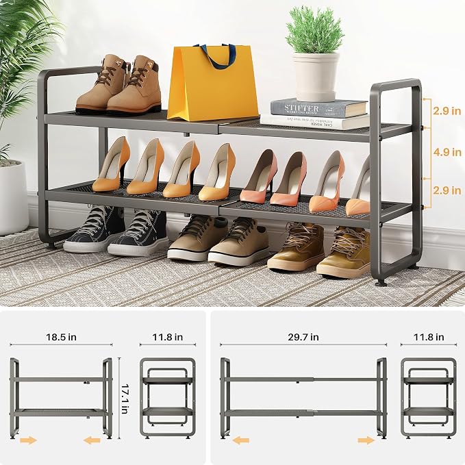 SNTD Expandable Metal Shoe Rack for Closet, Entryway & Garage, 2-Tier, Grey