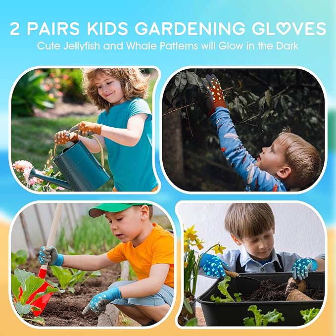COOLJOB Glow in The Dark Kids Gardening Gloves for Age 6-8, 2 Pairs Children Reflective Yard Work Rubber Coated Gloves, Blue with Whale, Orange with Jellyfish, Medium