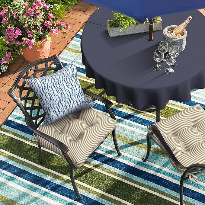 DYTXIII Set of 2 Outdoor Chair Cushions 19"x19"x4", Water Repellent Tufted Patio Seat Cushions with Ties, Thick Replacement Pads for Wicker Dining Chairs, Patio Furniture, Stripe Beige